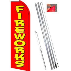 FIREWORKS (Red) Flutter Feather Flag Bundle (11.5' Tall Flag, 15' Tall Flagpole, Ground Mount Stake)