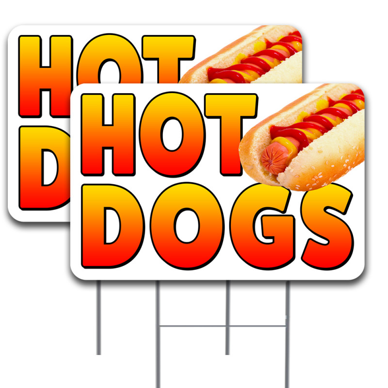 2 Pack HOT Dogs Yard Sign 16" x 24" - Double-Sided Print, with Metal Stakes (Made in The USA) 841098187392