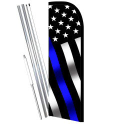 Thin Blue Line Police Support Premium Windless Feather Flag Bundle (11.5' Tall Flag, 15' Tall Flagpole, Ground Mount Stake) Prin