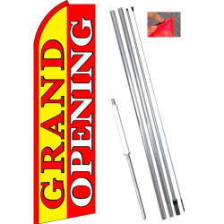 Grand Opening (Yellow/Red) Flutter Feather Flag Bundle (11.5' Tall Flag, 15' Tall Flagpole, Ground Mount Stake)