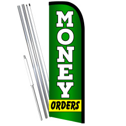 Money Orders Premium Windless Feather Flag Bundle (11.5' Tall Flag, 15' Tall Flagpole, Ground Mount Stake)