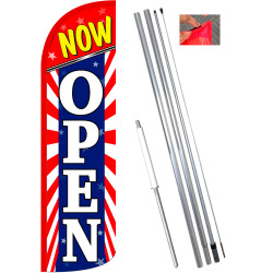 Now Open (Starburst) Windless Feather Flag Bundle (11.5' Tall Flag, 15' Tall Flagpole, Ground Mount Stake) 841098153175