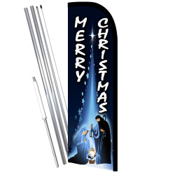 Vista Flags Merry Christmas Windless Feather Flag Bundle (11.5' Tall Flag, 15' Tall Flagpole, Ground Mount Stake)