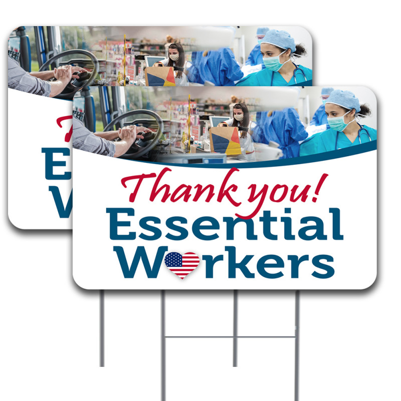 Vista Products 2 Pack Thank You Essential Workers Yard Sign 16" x 24" - Double-Sided Print, with Metal Stakes 841098169763