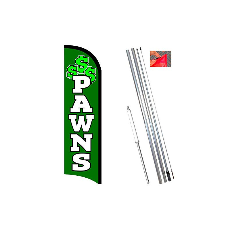 Pawns Windless Feather Flag Bundle (11.5' Tall Flag, 15' Tall Flagpole, Ground Mount Stake)