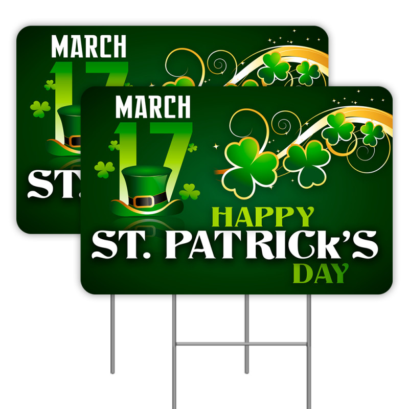 2 Pack Happy St. Patricks Day Yard Signs 16" x 24" - Double-Sided Print, with Metal Stakes 841098174255