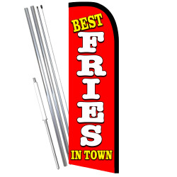 Vista Flags Best Fries in Town Premium Windless Feather Flag Bundle (11.5' Tall Flag, 15' Tall Flagpole, Ground Mount Stake) 841