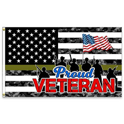 VF Display Proud Veteran USA Flag Pattern (Black) with Thin Green Line Premium 3x5 Polyester Flag (Made in The USA)