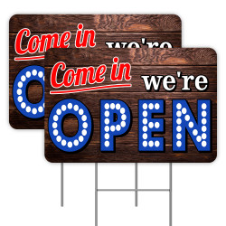 2 Pack Come In We're Open Yard Signs 16" x 24" - Double-Sided Print, with Metal Stakes 841098199876