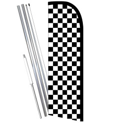 Checkered Black/White Premium Windless Feather Flag Bundle (11.5' Tall Flag, 15' Tall Flagpole, Ground Mount Stake) Made in The 