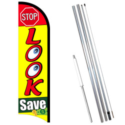 Vista Flags Stop Look Save Premium Windless Feather Flag Bundle (11.5' Tall Flag, 15' Tall Flagpole, Ground Mount Stake)