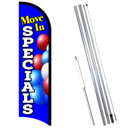 Vista Flags Move in Specials Premium Windless Feather Flag Bundle (11.5' Tall Flag, 15' Tall Flagpole, Ground Mount Stake)