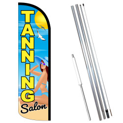 Vista Flags Tanning Salon Premium Windless Feather Flag Bundle (11.5' Tall Flag, 15' Tall Flagpole, Ground Mount Stake)