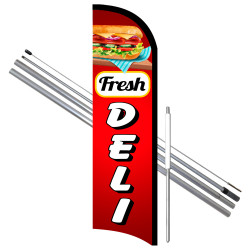 Vista Flags Fresh Deli Premium Windless Feather Flag Bundle (11.5' Tall Flag, 15' Tall Flagpole, Ground Mount Stake)