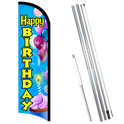 Happy Birthday Premium Windless Feather Flag Bundle (11.5' Tall Flag, 15' Tall Flagpole, Ground Mount Stake)