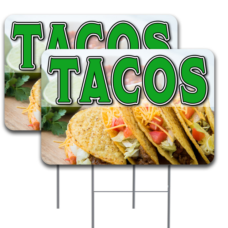 2 Pack Tacos Yard Sign 16" x 24" - Double-Sided Print, with Metal Stakes 841098100964