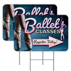 Ballet Classes (Arrow) 2 Pack Double-Sided Yard Signs 16" x 24" with Metal Stakes (Made in Texas)