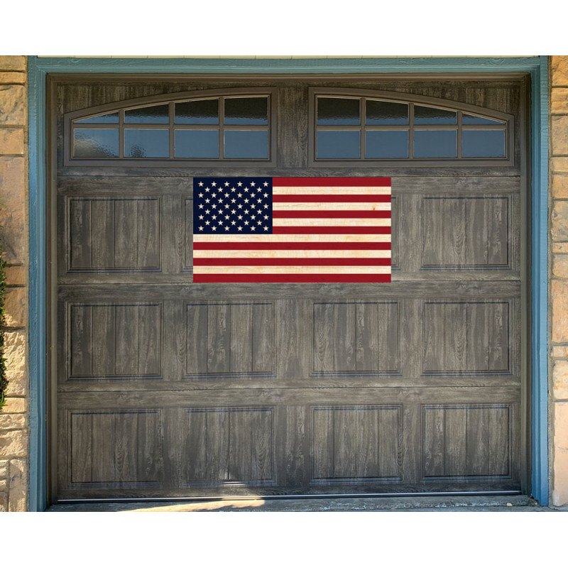 US Flag Wood Look 21" x 40" Magnetic Garage Banner For Steel Garage Doors