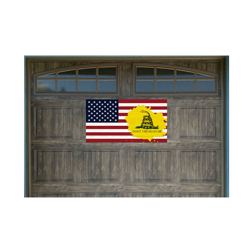 US Flag & Gadsden Flag Vintage Wood Look 21" x 40" Magnetic Garage Banner For Steel Garage Doors