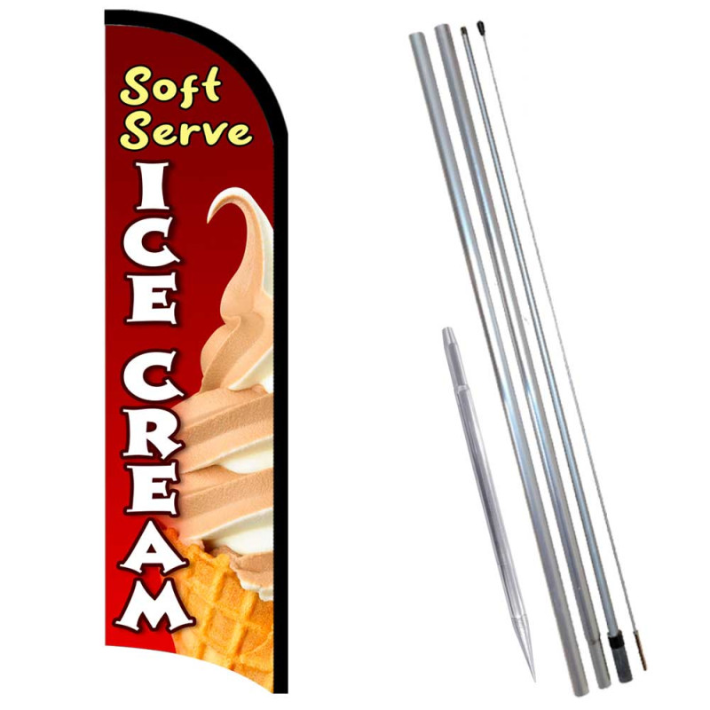 Vista Flags Soft Serve Ice Cream Premium Windless Feather Flag Bundle (11.5' Tall Flag, 15' Tall Flagpole, Ground Mount Stake)