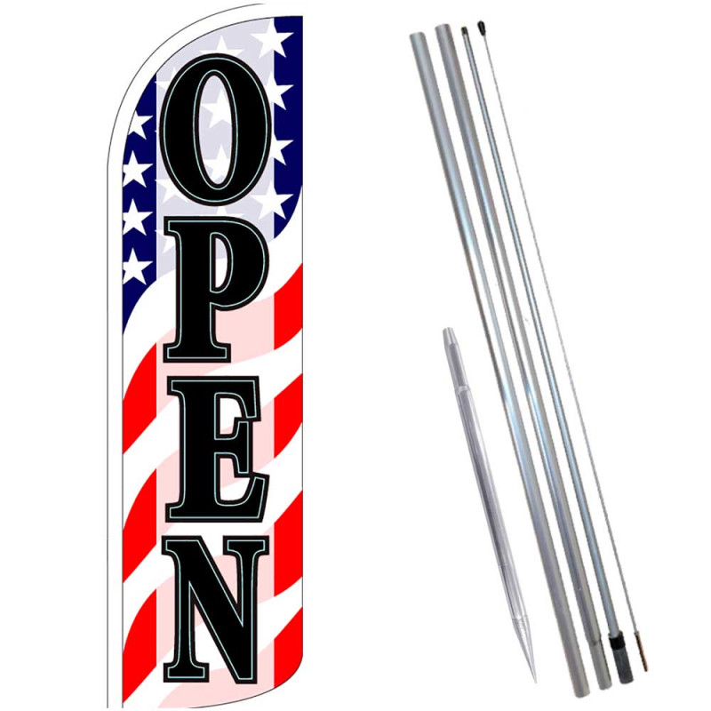 Open (Patriotic Waves) Windless Feather Flag Bundle (Complete Kit) OR Optional Replacement Flag Only