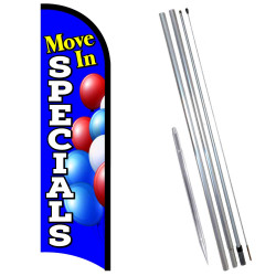 Move In Specials (Blue) Premium Windless  Feather Flag Bundle (Complete Kit) OR Optional Replacement Flag Only