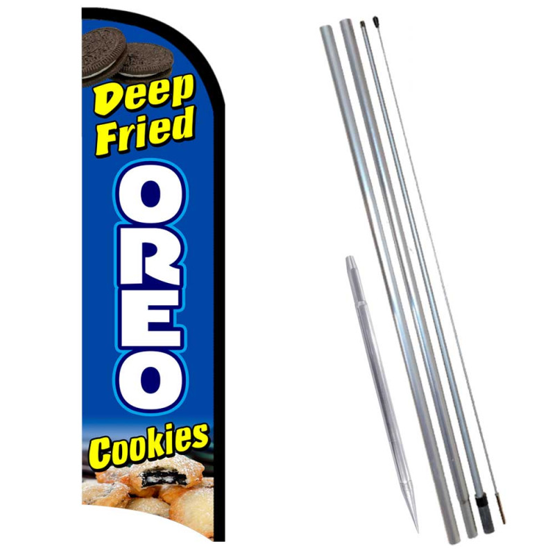 Vista Flags Deep Fried Oreo Cookies Premium Windless Feather Flag Bundle (11.5' Tall Flag, 15' Tall Flagpole, Ground Mount Stake