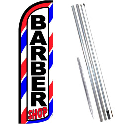 Barber Shop (Red/White/Blue) Windless Feather Flag Bundle (11.5' Tall Flag, 15' Tall Flagpole, Ground Mount Stake) 841098152017