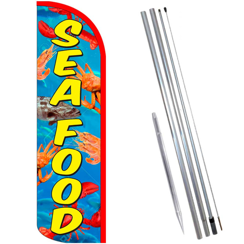 Seafood Windless Feather Flag Bundle (Complete Kit) OR Optional Replacement Flag Only 