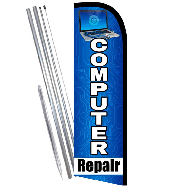 Computer Repair Premium Windless  Feather Flag Bundle (Complete Kit) OR Optional Replacement Flag Only