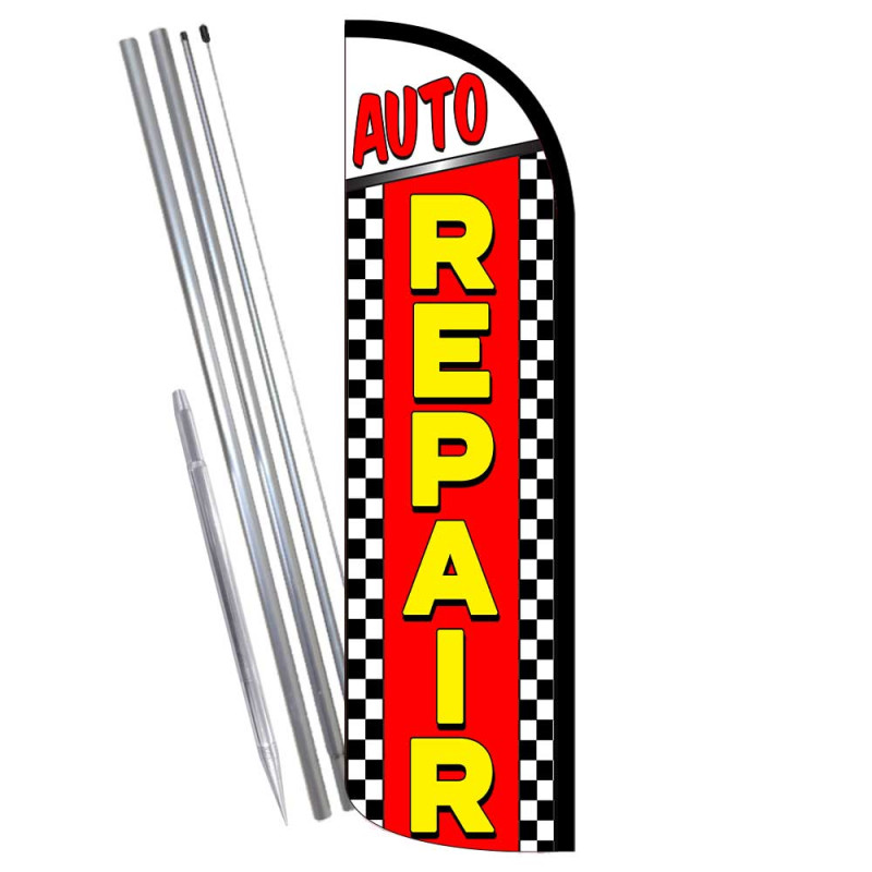 Auto Repair Premium Windless Feather Flag Bundle (Complete Kit) OR Optional Replacement Flag Only