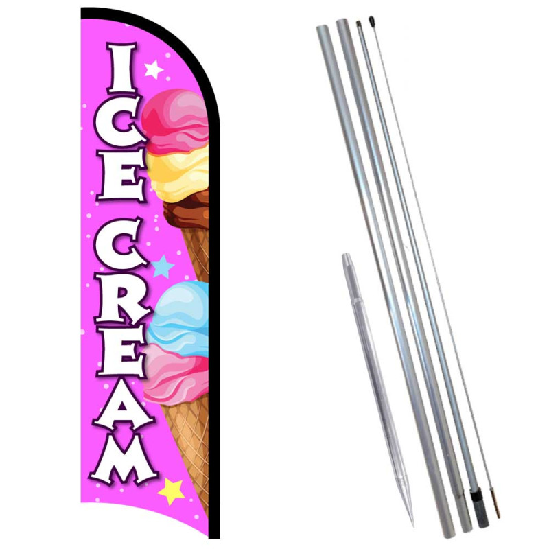 Ice Cream (Pink) Premium Windless Feather Flag Bundle (11.5' Tall Flag, 15' Tall Flagpole, Ground Mount Stake) 841098154523