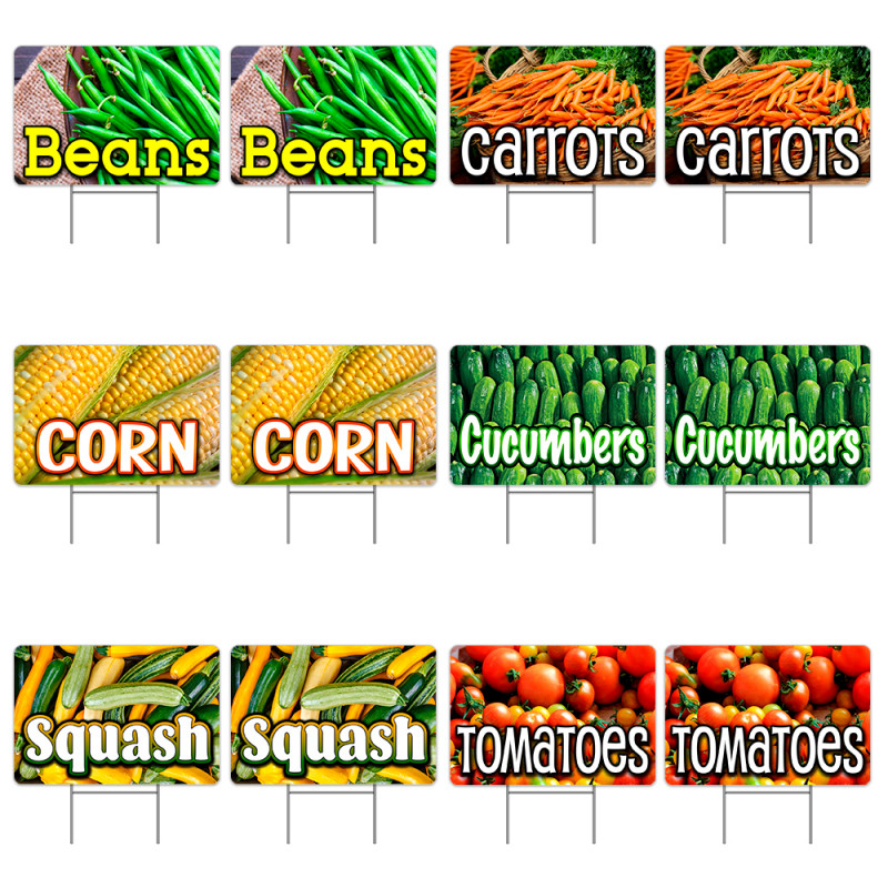 Assorted Produce 12 Pack Yard Signs - Each Sign is 24" x 16" Single-Sided and Comes with Metal Stake Made in The USA