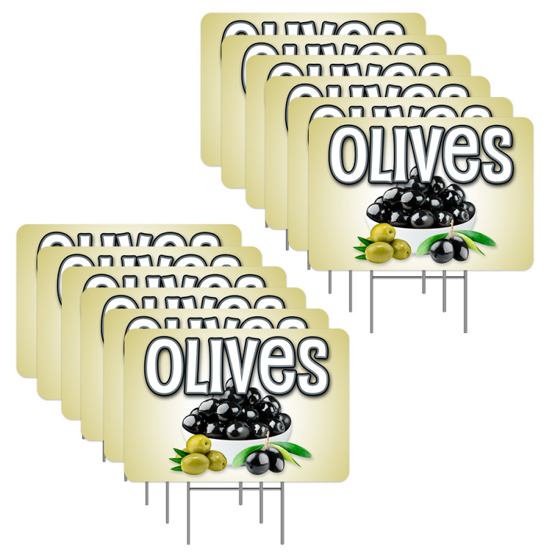 Olives 12 Pack Yard Signs - Each Sign is 24" x 16" Single-Sided and Comes with Metal Stake Made in The USA