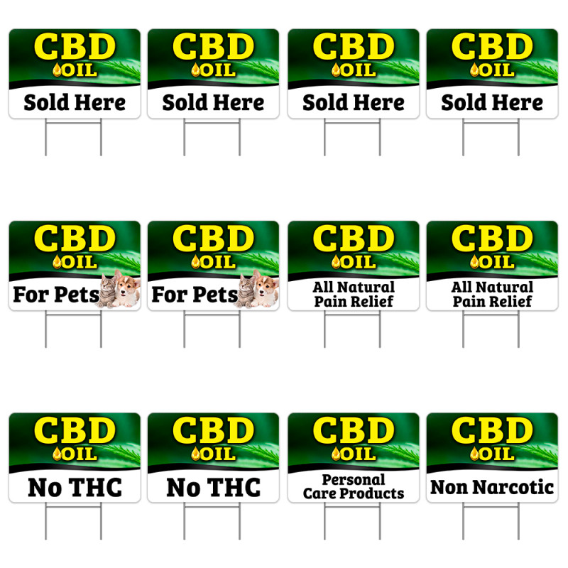 CBD Oil 12 Pack Yard Signs - Each Sign is 24" x 16" Single-Sided and Comes with Metal Stake Made in The USA