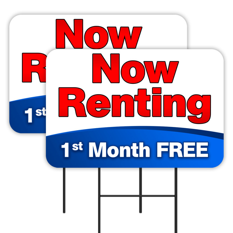 NOW RENTING 1st Month Free 2 Pack Double-Sided Yard Signs 16" x 24" with Metal Stakes (Made in Texas)