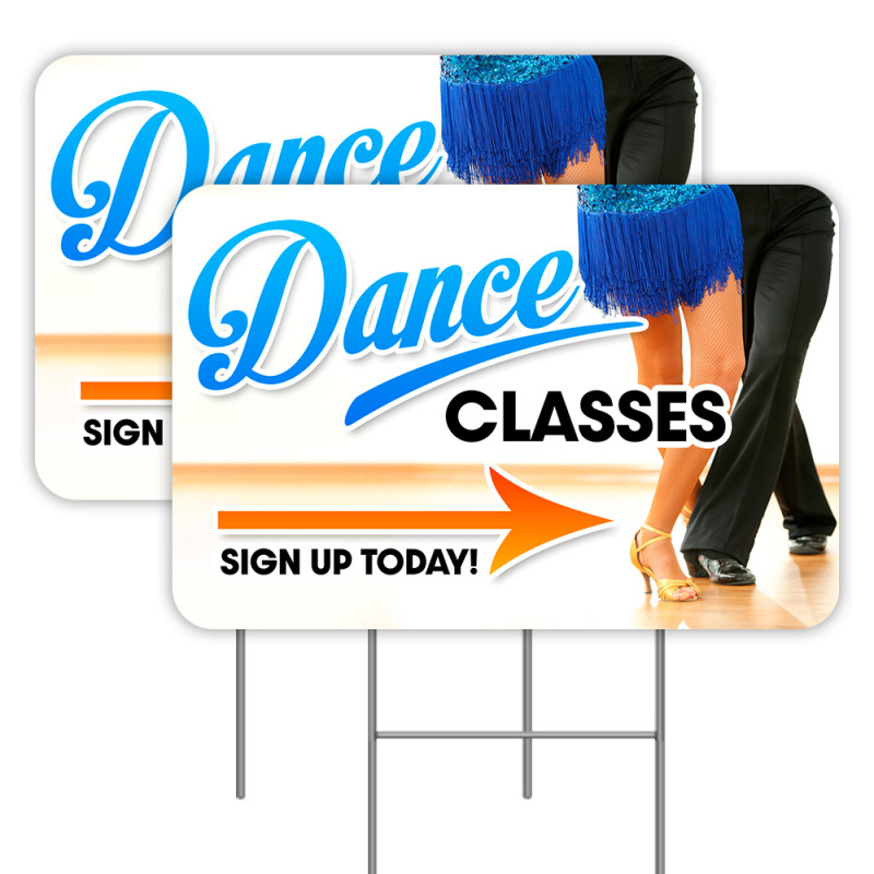 Dance Classes (Arrow) 2 Pack Double-Sided Yard Signs 16" x 24" with Metal Stakes (Made in Texas)