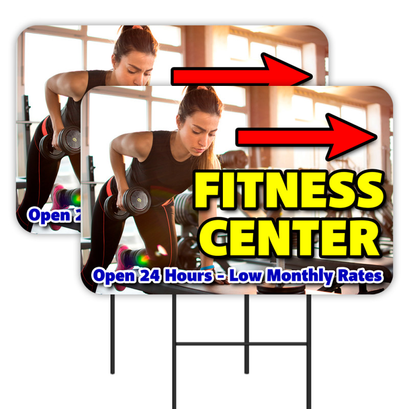 Fitness Center 2 Pack Double-Sided Yard Signs 16" x 24" with Metal Stakes (Made in Texas)