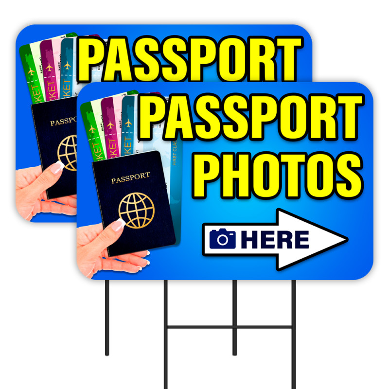 PASSPORT PHOTOS 2 Pack Double-Sided Yard Signs 16" x 24" with Metal Stakes (Made in Texas)