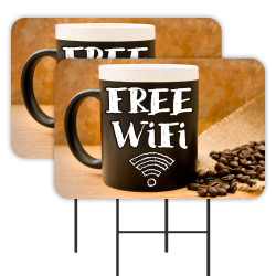 Free Wifi (Coffee) 2 Pack Double-Sided Yard Signs 16" x 24" with Metal Stakes (Made in Texas)