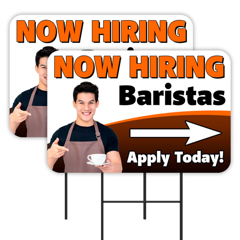 Now Hiring Baristas 2 Pack Double-Sided Yard Signs 16" x 24" with Metal Stakes (Made in Texas)