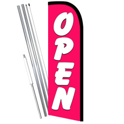 Open (Pink/White) Windless Feather Flag Bundle (11.5' Tall Flag, 15' Tall Flagpole, Ground Mount Stake) 841098153250