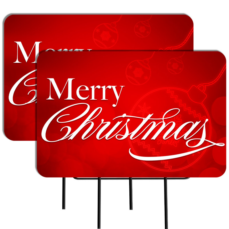 Merry Christmas 2 Pack Double-Sided Yard Signs 16" x 24" with Metal Stakes (Made in Texas)