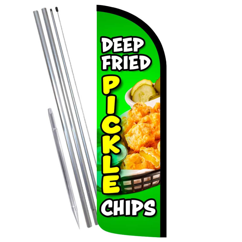 Deep Fried Pickle Chips Premium Windless Feather Flag Bundle (Complete Kit) OR Optional Replacement Flag Only