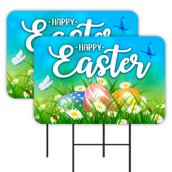 Happy Easter 2 Pack Double-Sided Yard Signs 16" x 24" with Metal Stakes (Made in Texas)