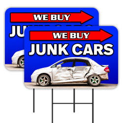 We Buy Junk Cars 2 Pack Double-Sided Yard Signs 16" x 24" with Metal Stakes (Made in Texas)