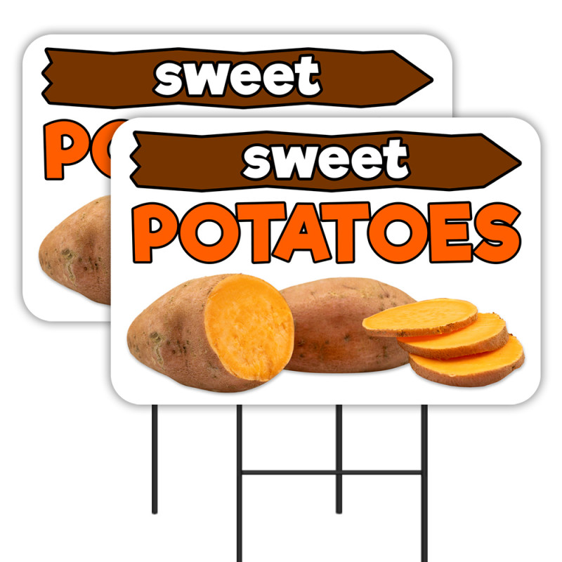 Sweet Potatoes 2 Pack Double-Sided Yard Signs 16" x 24" with Metal Stakes (Made in Texas)