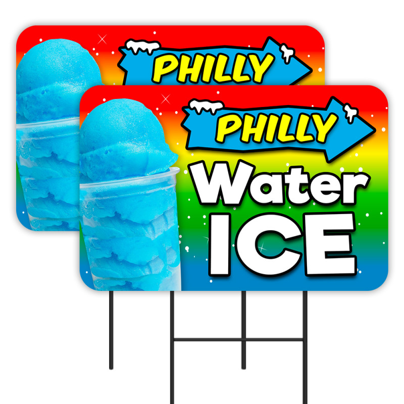 Philly Water ICE 2 Pack Double-Sided Yard Signs 16" x 24" with Metal Stakes (Made in Texas)