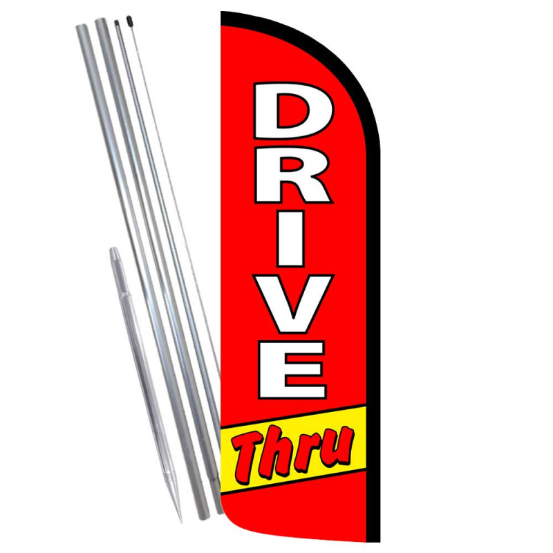 DRIVE THRU (Red/White) Windless Feather Flag Bundle (Complete Kit) OR Optional Replacement Flag Only