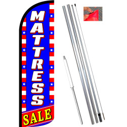 MATTRESS SALE (Blue/White/Stars) Windless Feather Flag Bundle (11.5' Tall Flag, 15' Tall Flagpole, Ground Mount Stake)